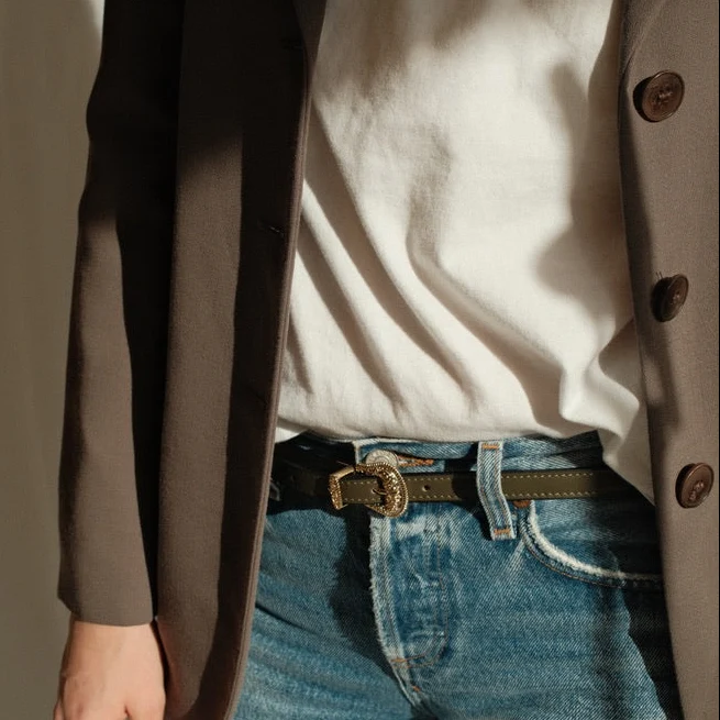 Belt - Western Buckle Olive Leather Skinny - Image 2