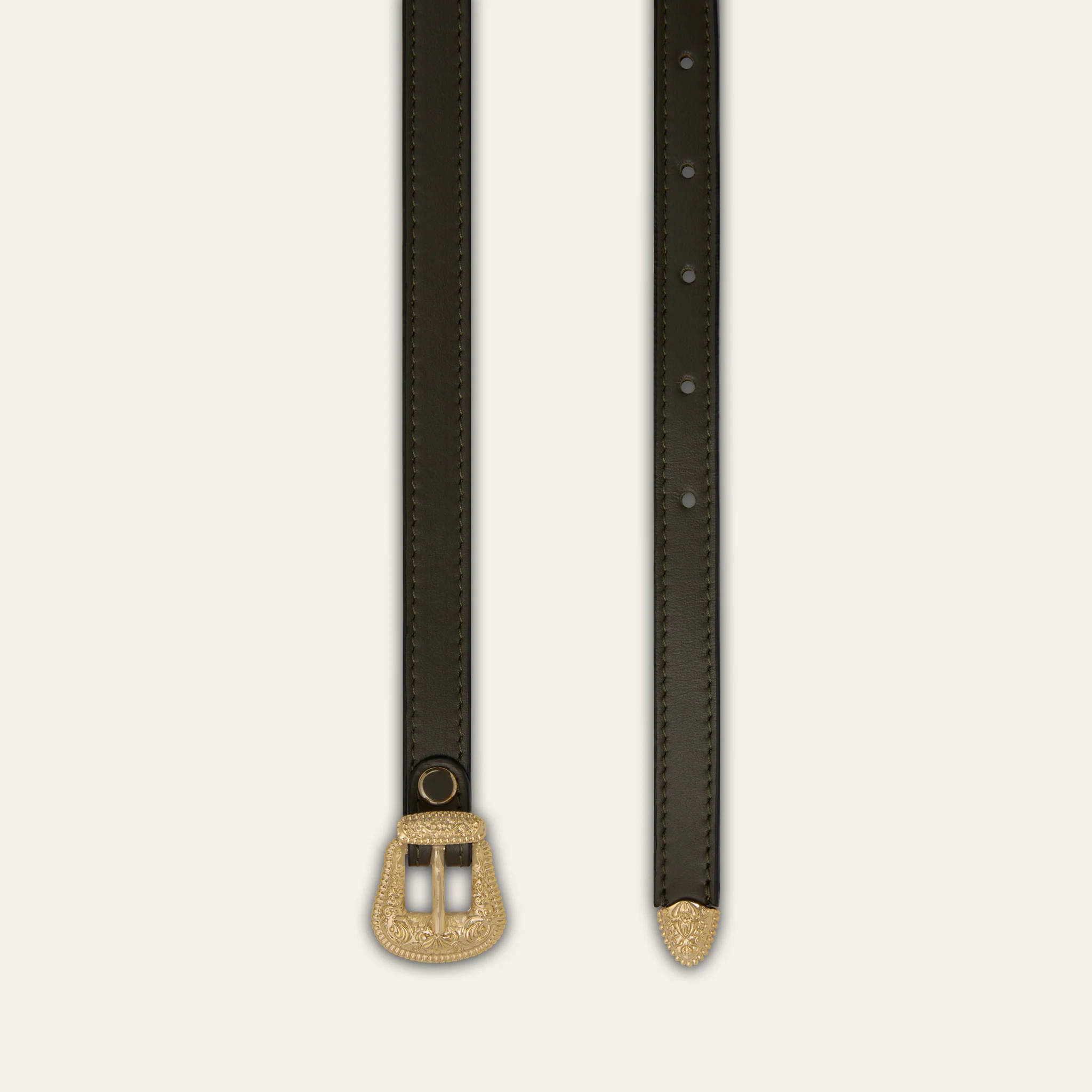Belt - Western Buckle Olive Leather Skinny - Image 4